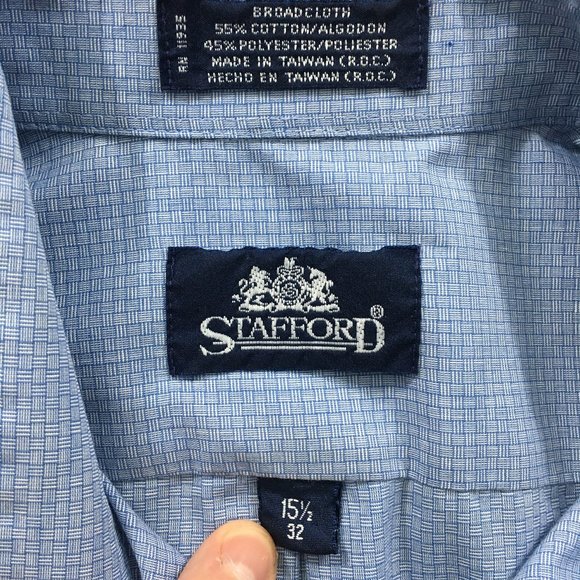 Stafford Mens 15 1/2 32 Blue Check Broadcloth Cotton Blend Long Sleeve Shirt - Picture 6 of 8